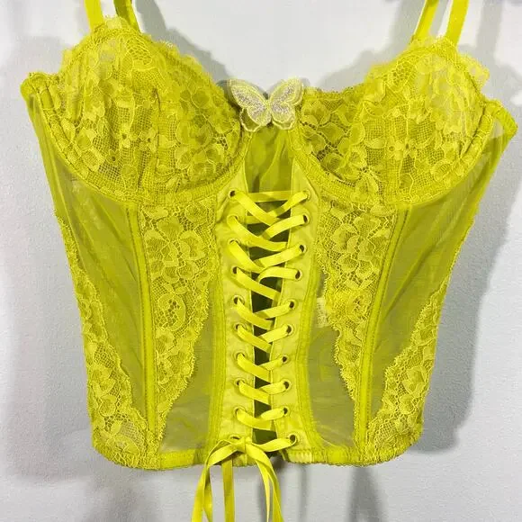 Betsey Johnson X Forever 21 Neon Green Butterflies Lace Corset Cami Top Size M - Picture 2 of 7